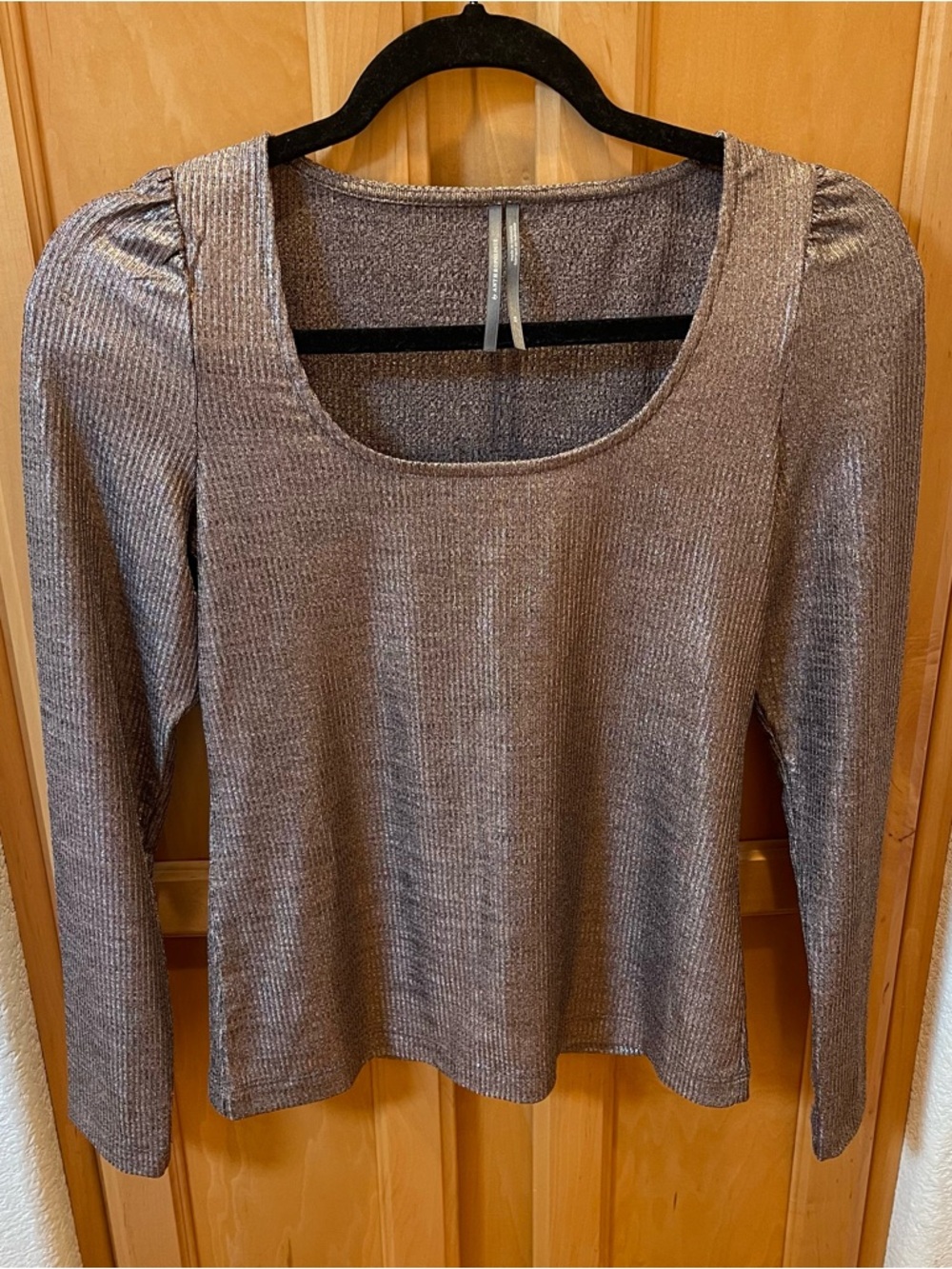 Anthropologie Bronze Metallic Long Sleeve Square Neck Ribbed Top Women Size XS